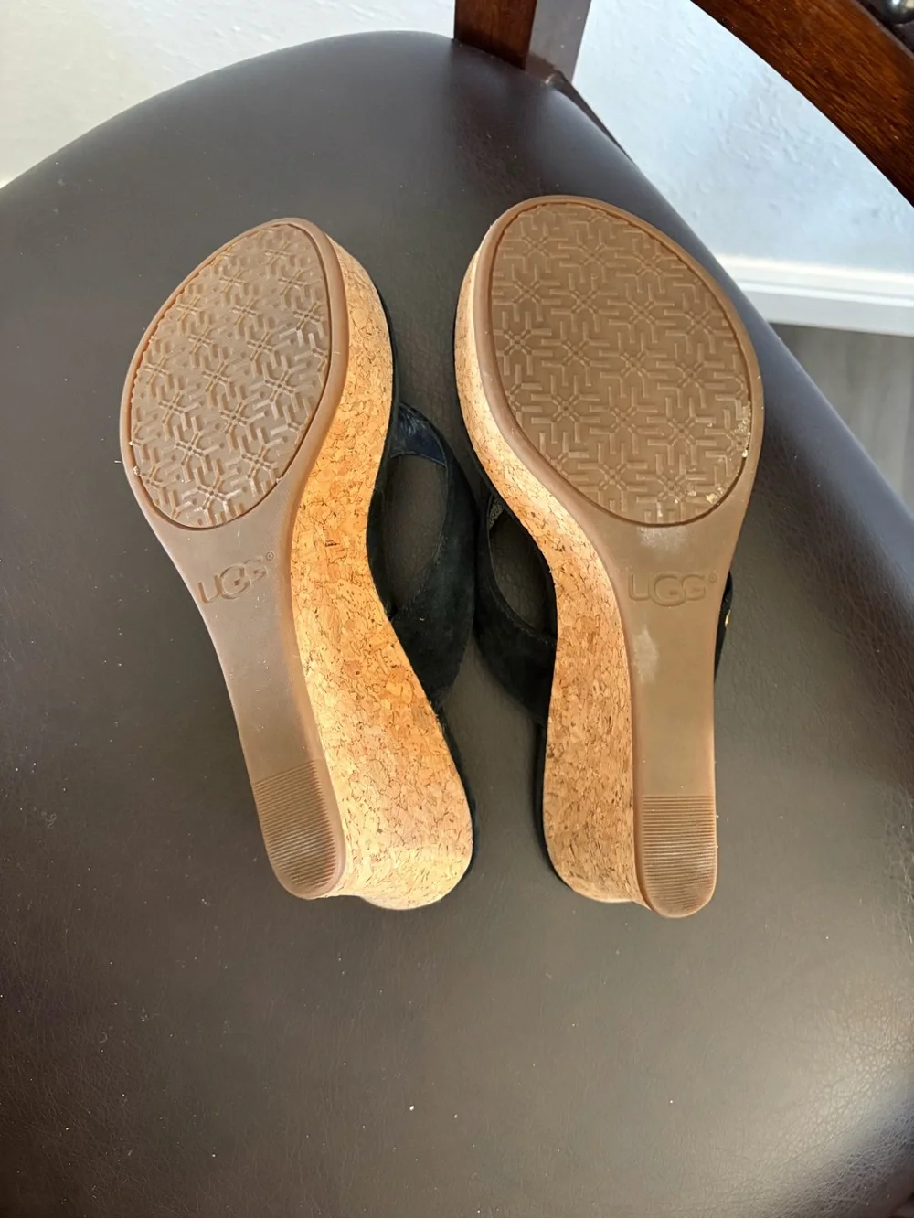 UGG Black Suede Cork Platform Thong Sandals